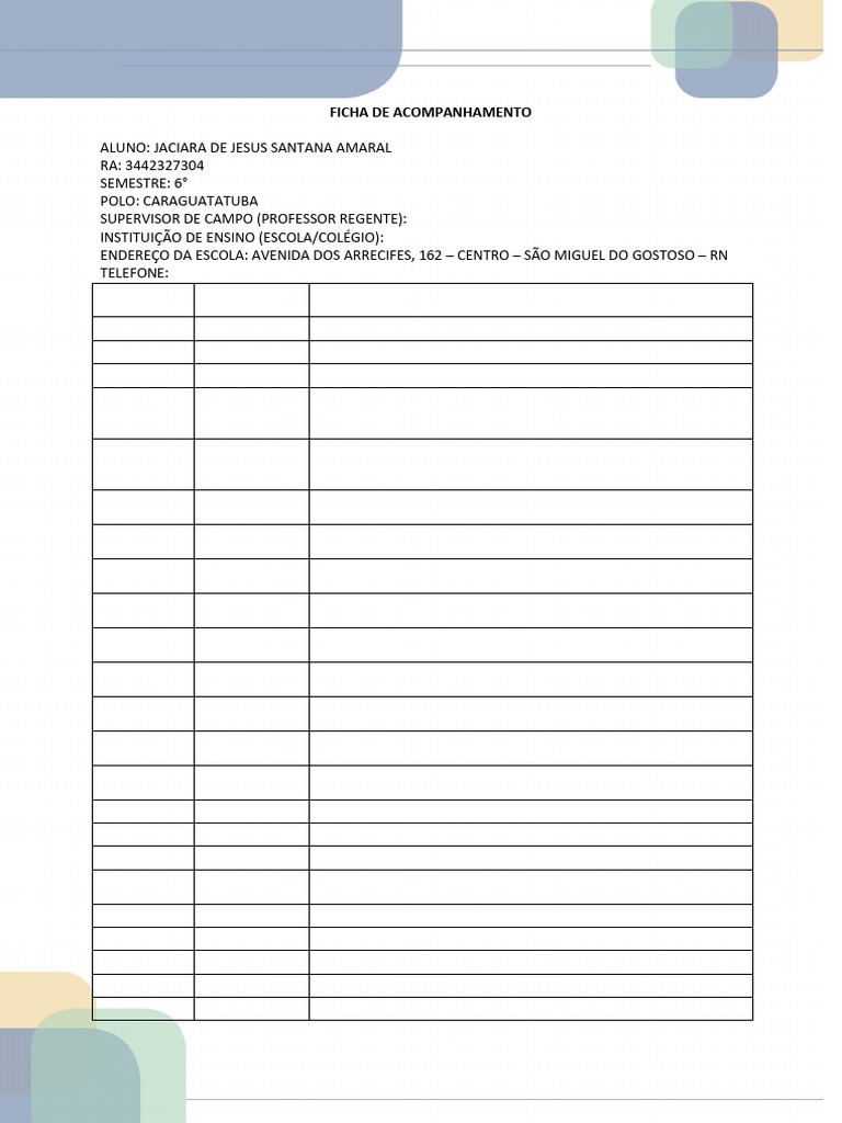 Ficha de Acompanhamento | PDF | Pedagogia | Aprendizado
