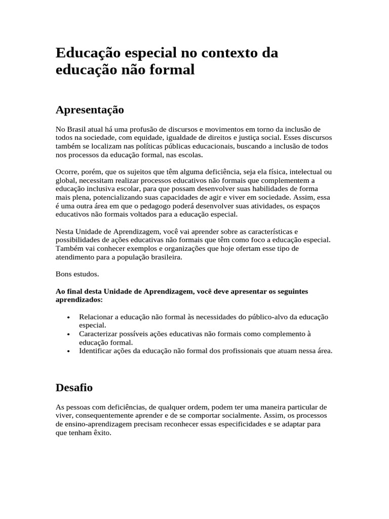 Educação Especial e Ações Não Formais | PDF | Aprendizado | Educação ...