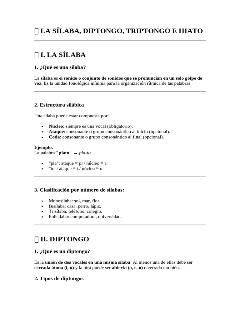 Sílaba, Diptongo, Triptongo y Hiato | PDF | Sílaba | Vocal