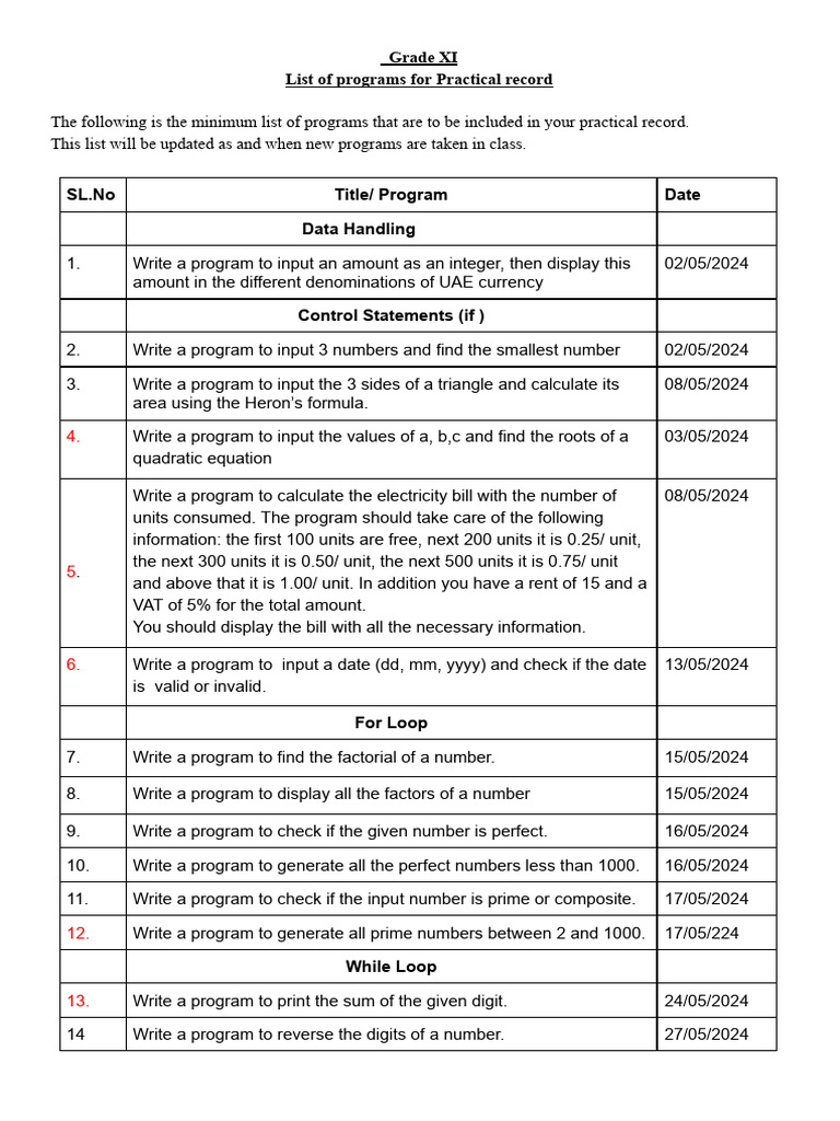 Grade XI Practical Programming Tasks | PDF | Matrix (Mathematics ...