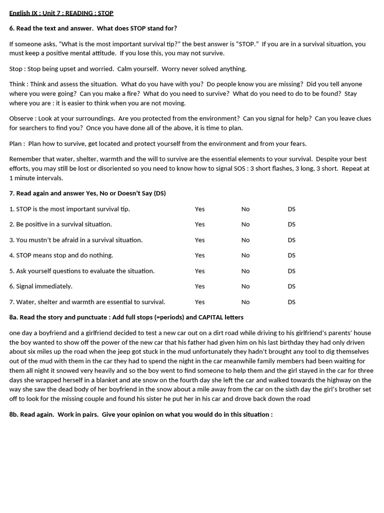 Survival Tips: The STOP Method | PDF | Object (Grammar) | Verb