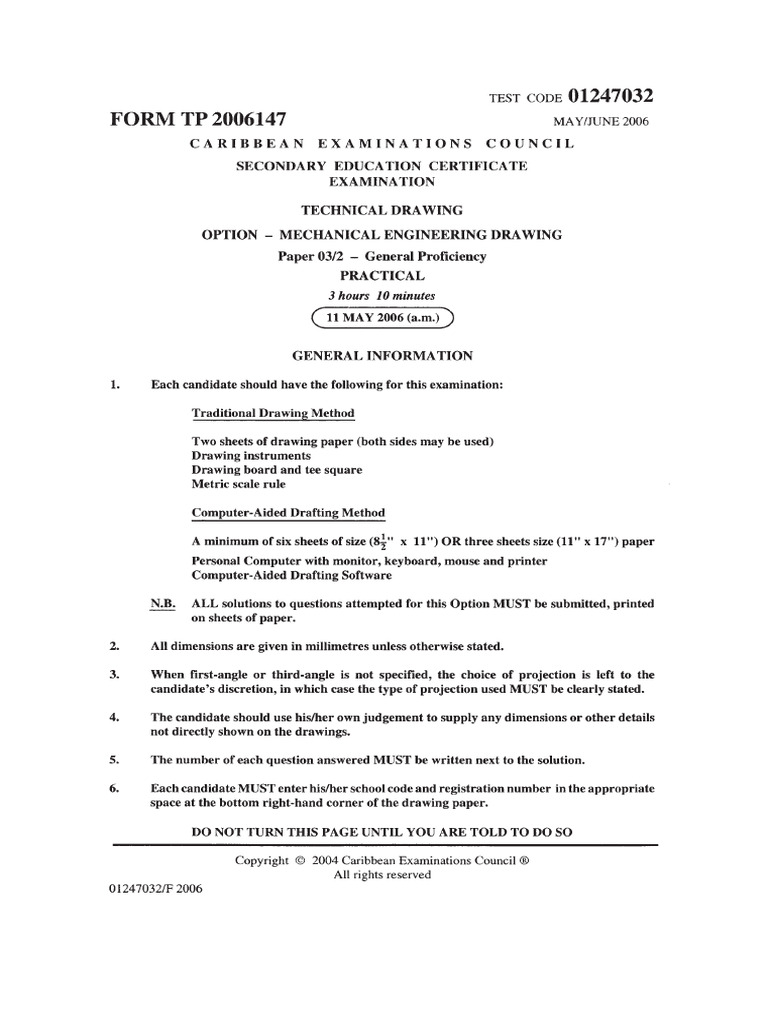 Mechanical Engineering Drawing Exam 2006 | PDF | Screw