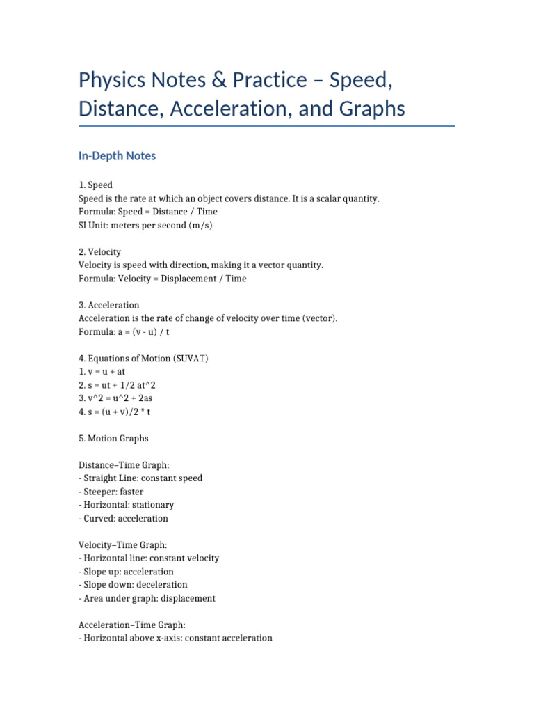 Speed, Distance, and Acceleration Notes | PDF