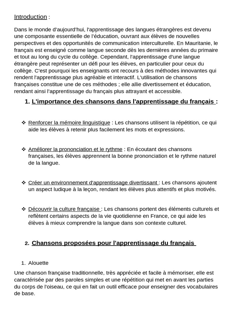 Apprentissage du français par les chansons | PDF | Langue française ...