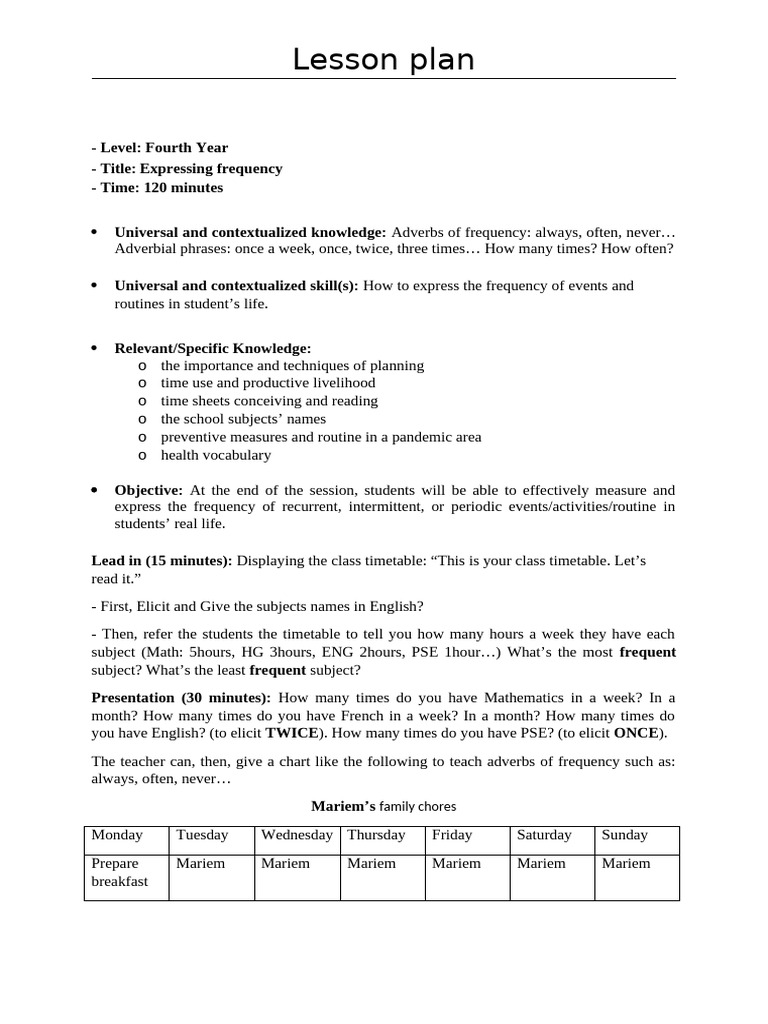 Teaching Frequency Adverbs for Fourth Year | PDF