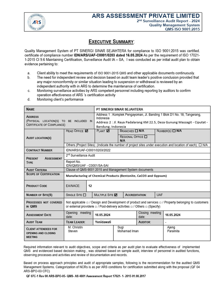 2024 ISO 9001:2015 Audit Report | PDF | Quality Management System | Audit