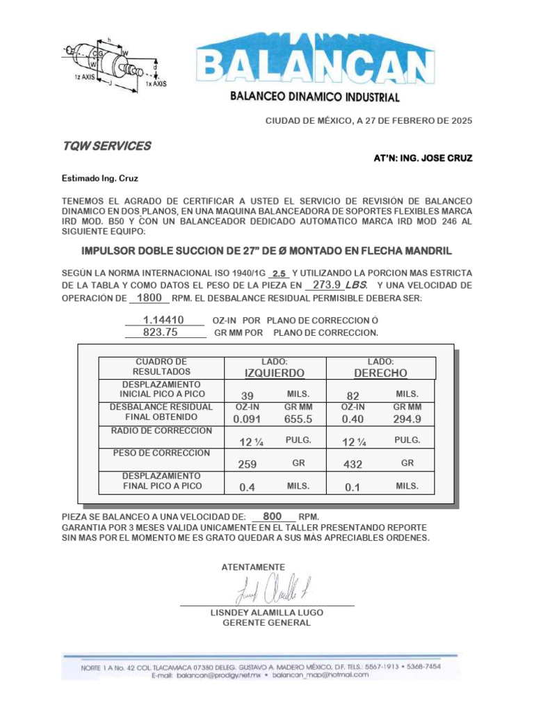 Certificación de Balanceo Dinámico IRD | PDF