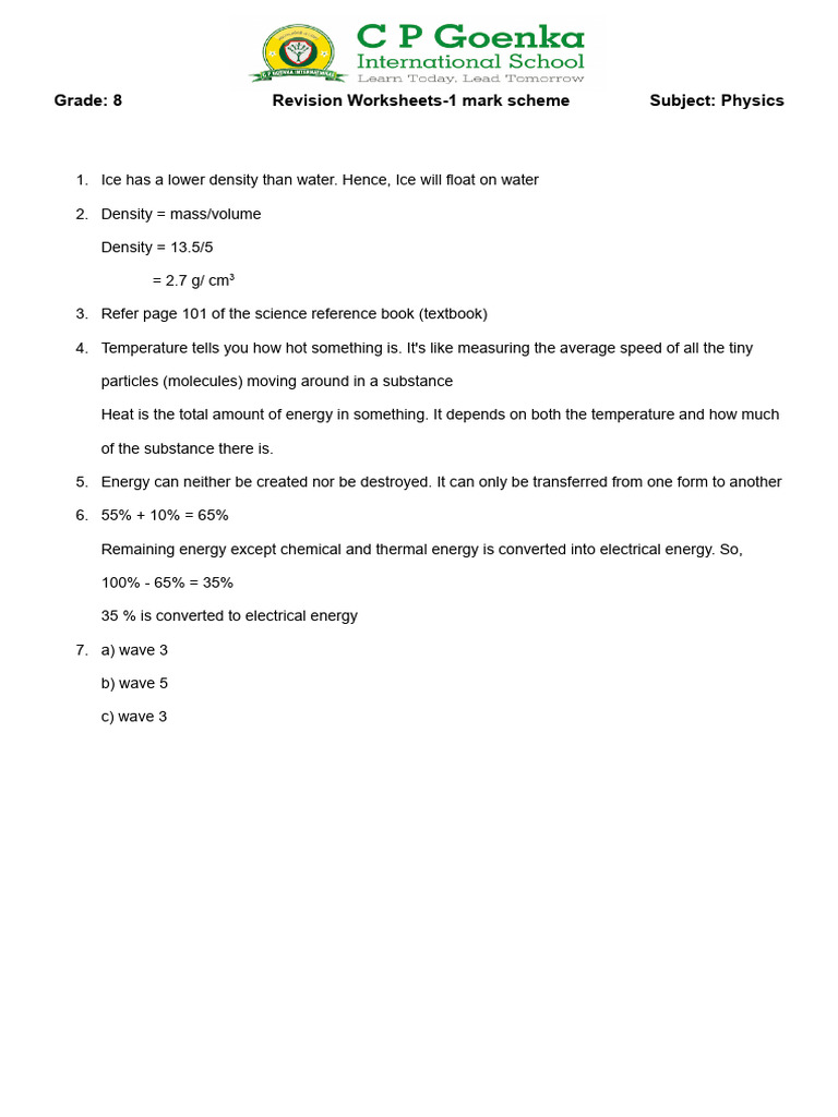 Grade 8 Physics Revision Worksheet 1 Ms | PDF
