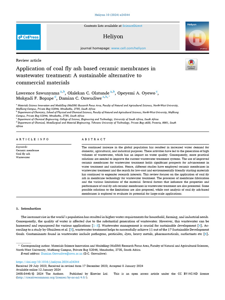 Coal Fly Ash Ceramic Membranes for Wastewater | PDF | Membrane | Sintering