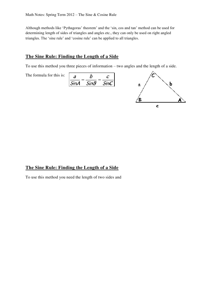 Sine & Cosine Rule Math Notes | PDF | Career & Growth | Teaching ...