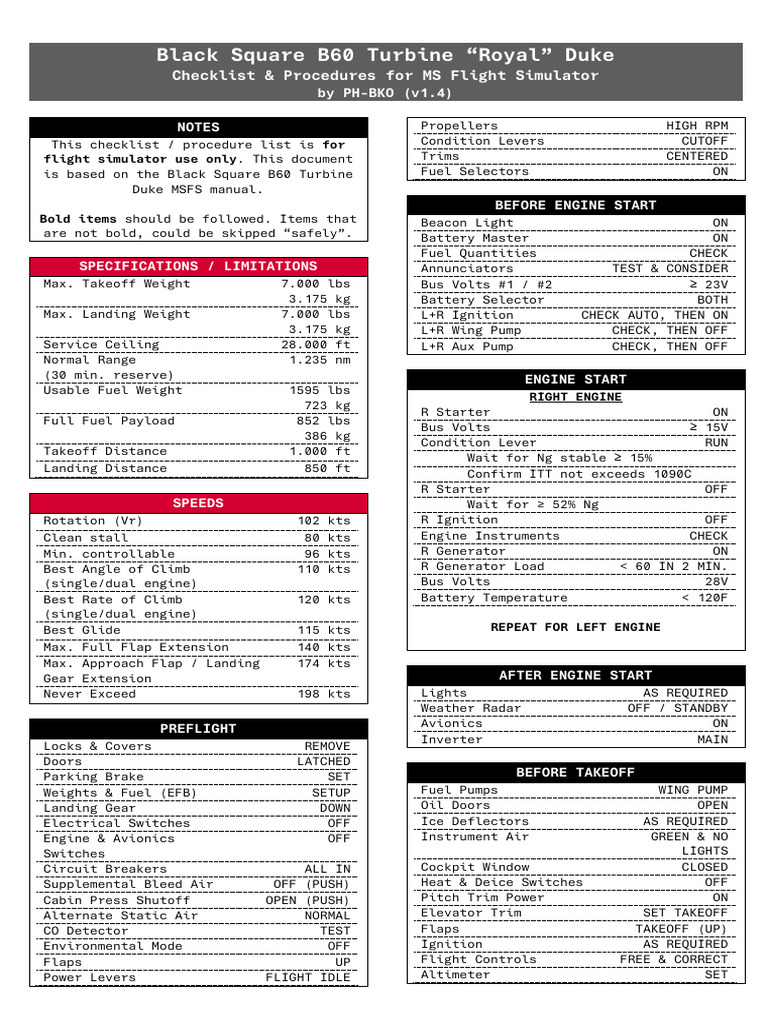B60 Turbine Duke MSFS Checklist | PDF | Aerospace Engineering | Aircraft