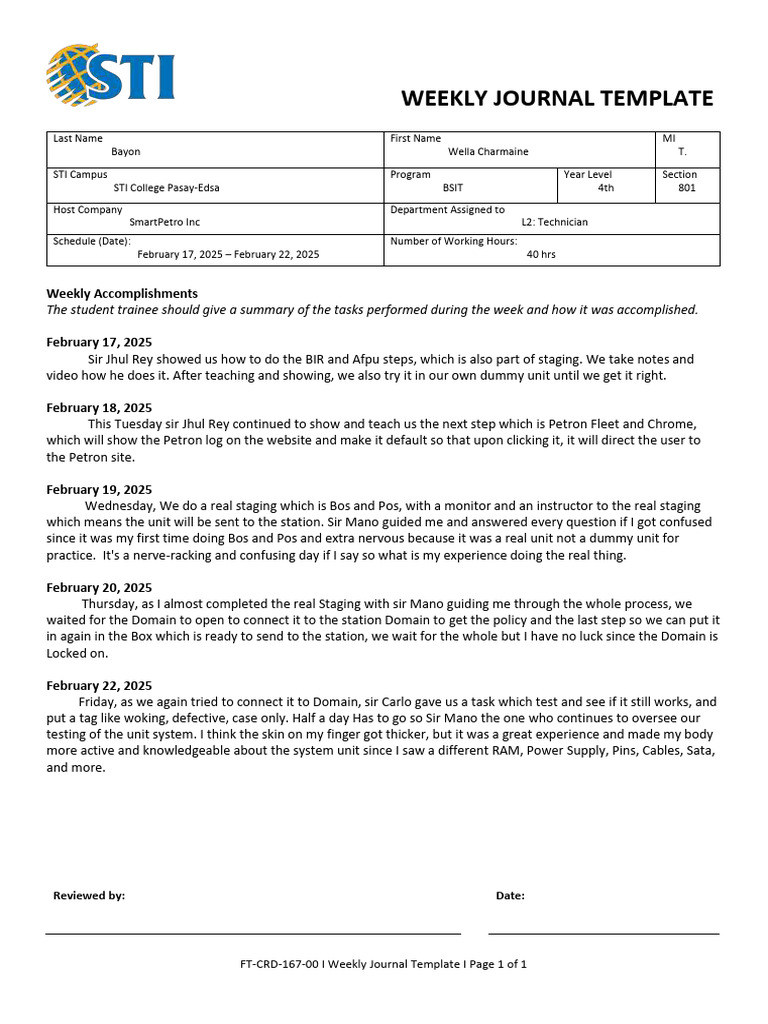 FT CRD 167 00 Weekly Journal Template - WEEK2 | PDF