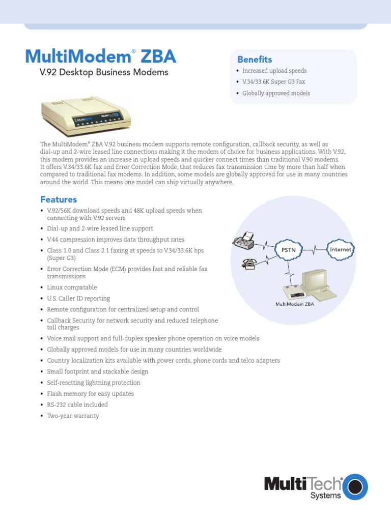 Multimodem Zba: V.92 Desktop Business Modems | PDF | Fax | Bit Rate