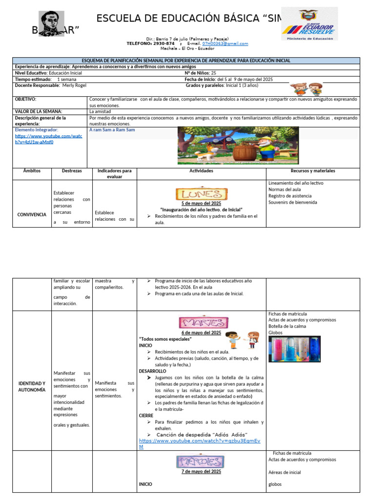 Plani Semana 1 Inicial 3 Años | PDF | Educación de la primera infancia ...