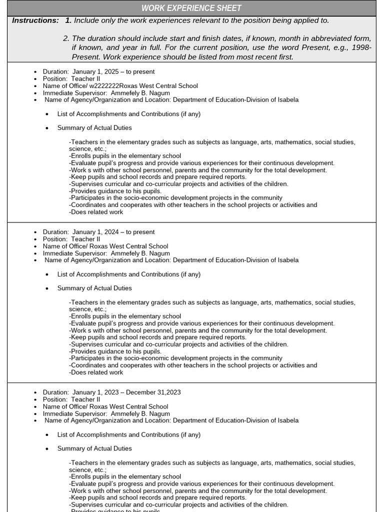 CS Form No. 212 Attachment - Work Experience Sheet-1 | PDF | Teachers ...