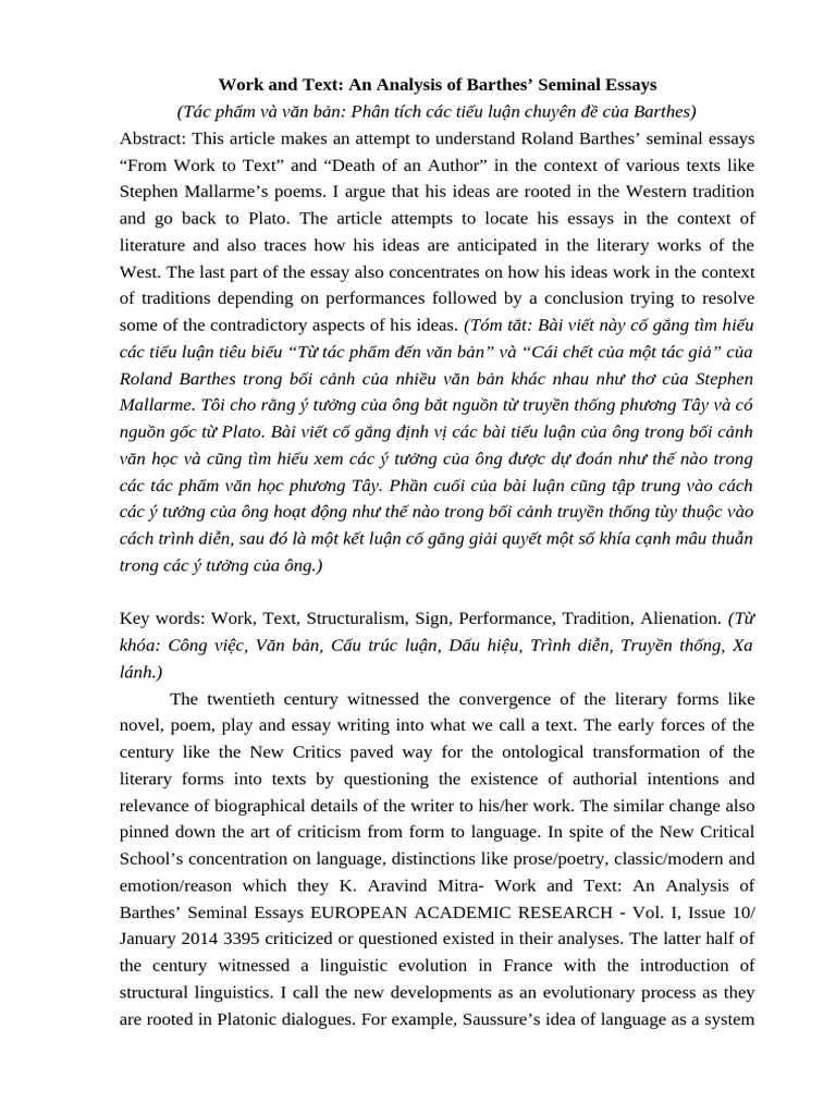 Work and Text - An Analysis of Barthes Seminal Essays | PDF