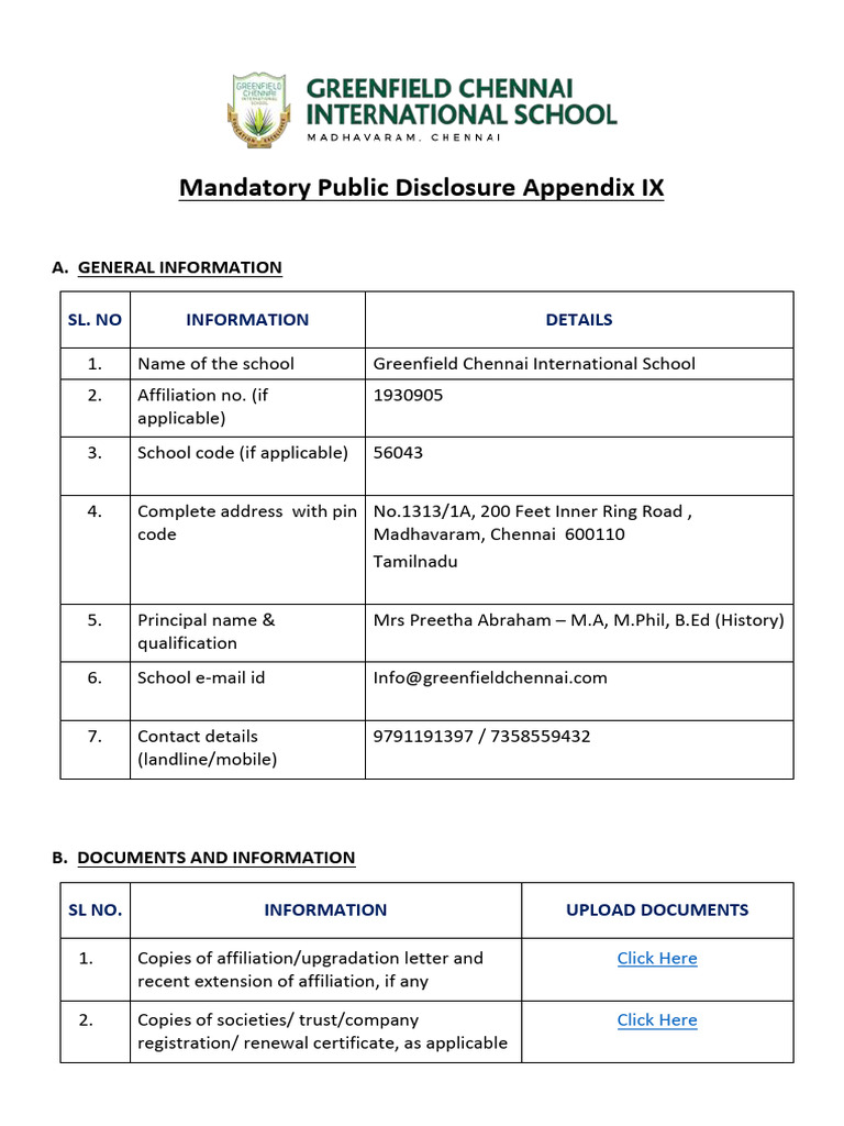Greenfield Chennai School Disclosure IX | PDF | Laboratories