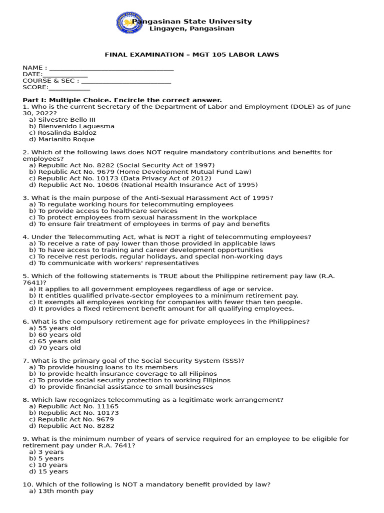 Final Examination Labor Laws | PDF | Employment | Industrial Relations