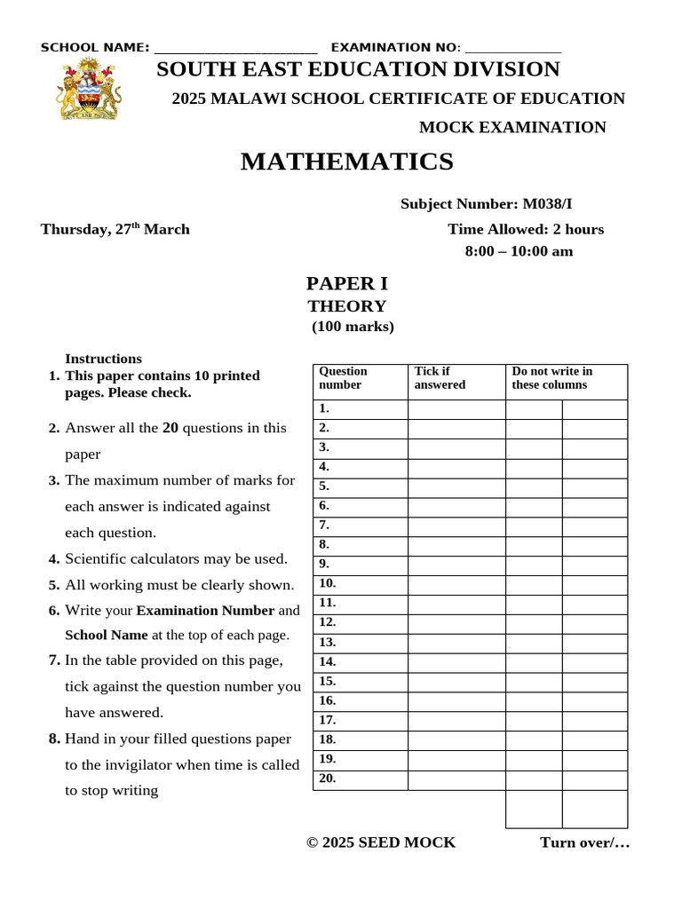 2025 Mathematics Mock Exam Paper | PDF | Geometry | Mathematics
