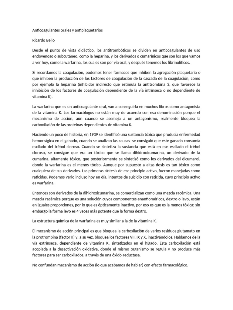 Dicumarol y anticoagulantes orales | PDF | Plaqueta | Coagulación