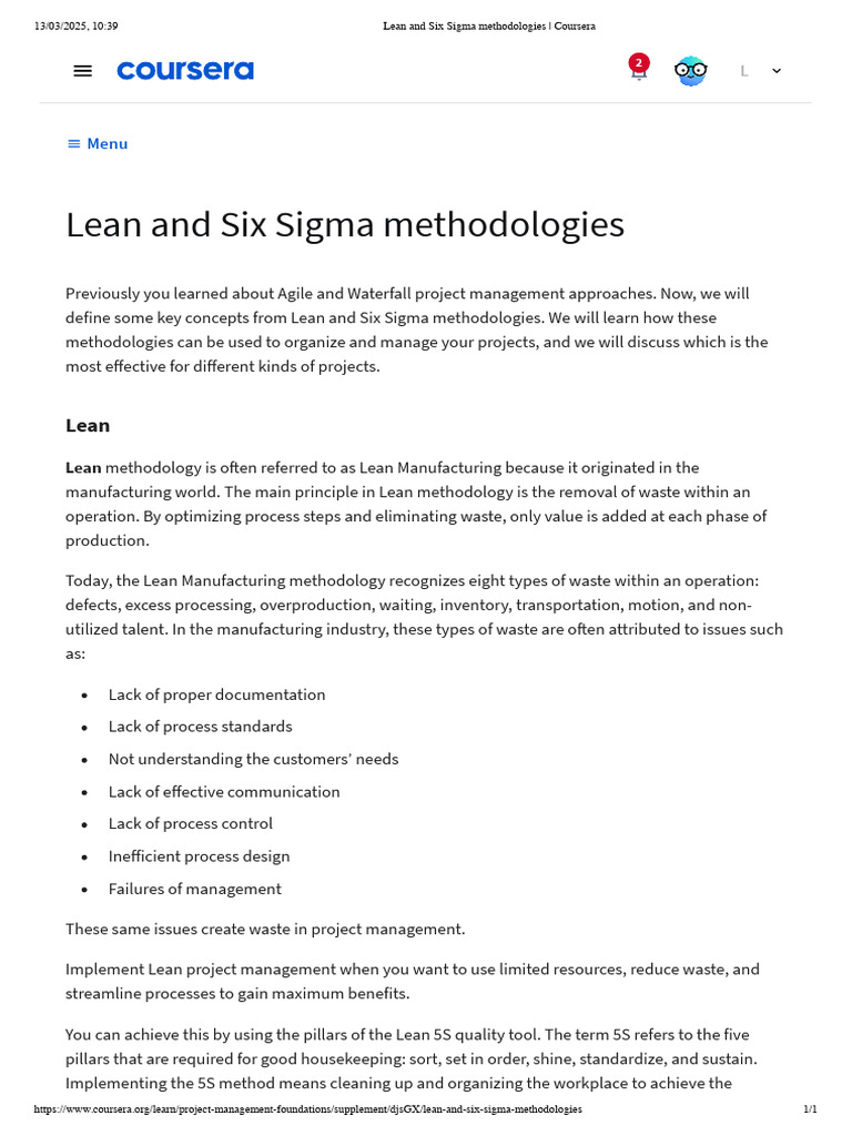 Lean and Six Sigma Methodologies - Coursera | PDF