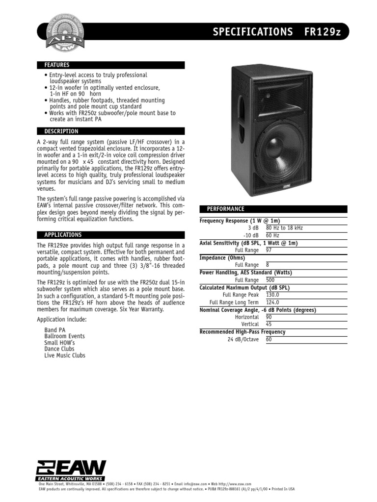 EAW FR129z Loudspeaker Specifications | PDF | Loudspeaker | Sound