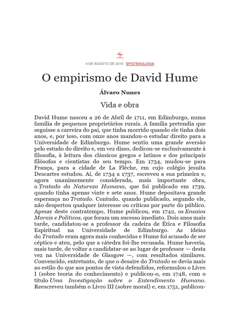 Empirismo de David Hume: Vida e Ideias | PDF | David Hume | Empiricismo