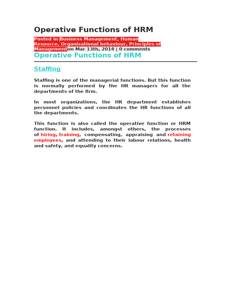 OPERATIVE FUNCTIONS OF HUMAN RESOURCE MANAGEMENT | PDF | Human Resource ...