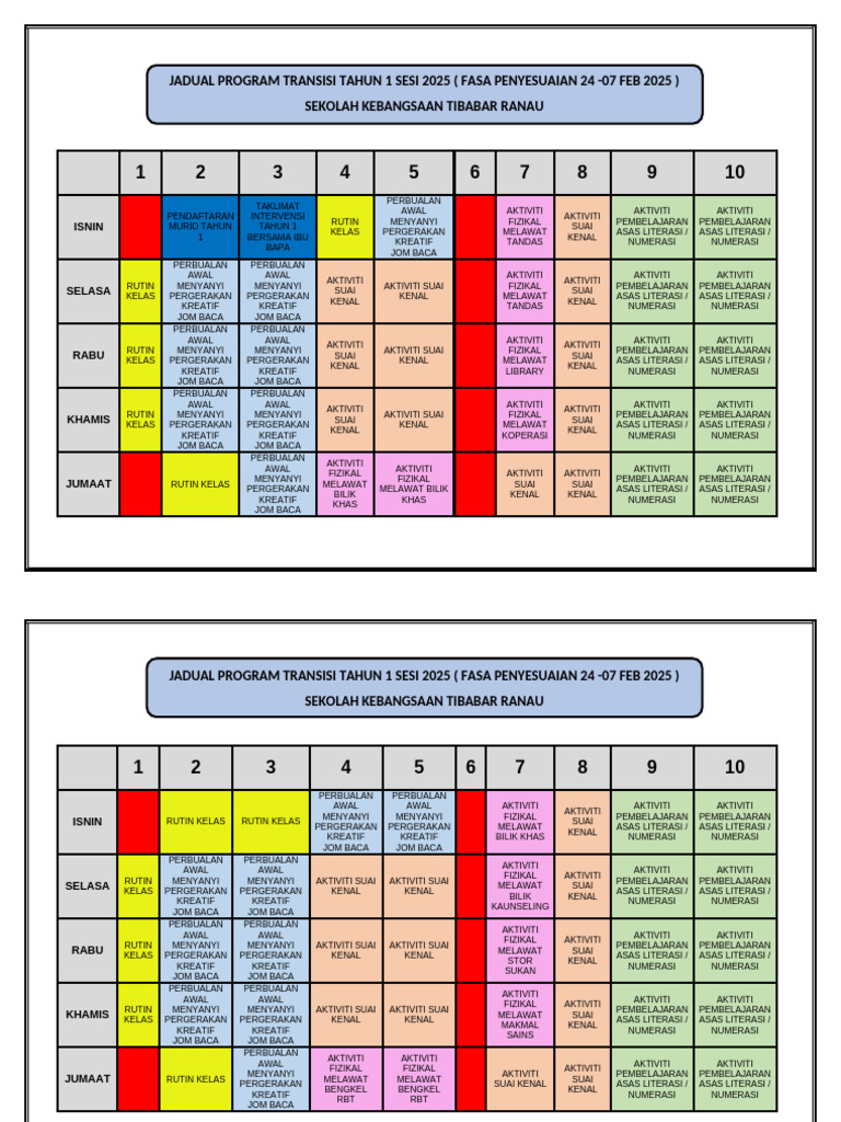 Jadual Program Transisi Tahun 1 Sesi 2025 | PDF