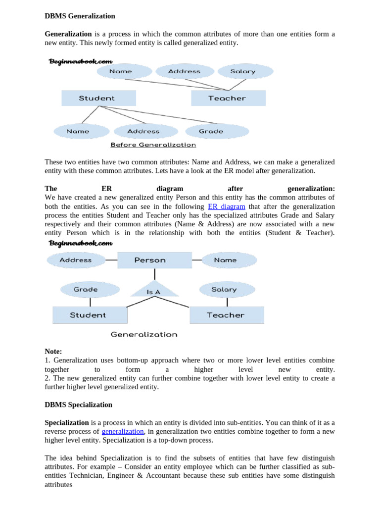 Generalization and Specialization in DBMS | PDF