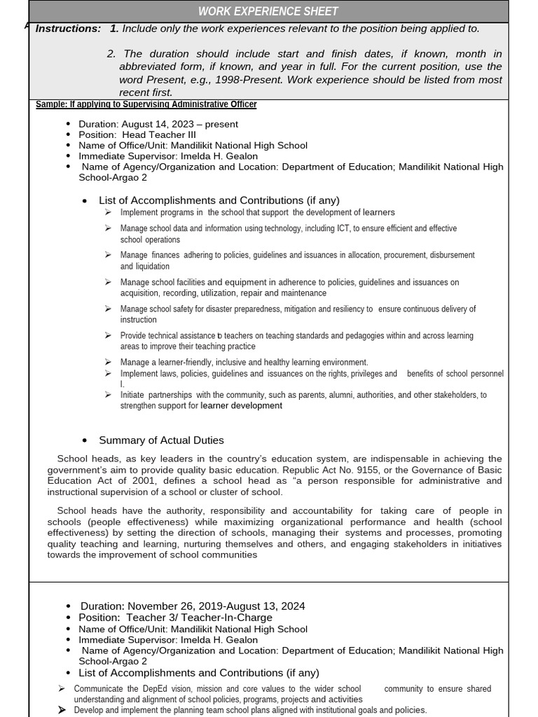 Work Experience Sheet for Teachers | PDF | Teachers | Learning