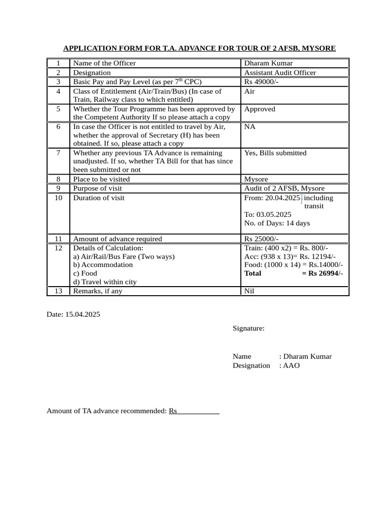 TA Advance Application for Audit Trip | PDF