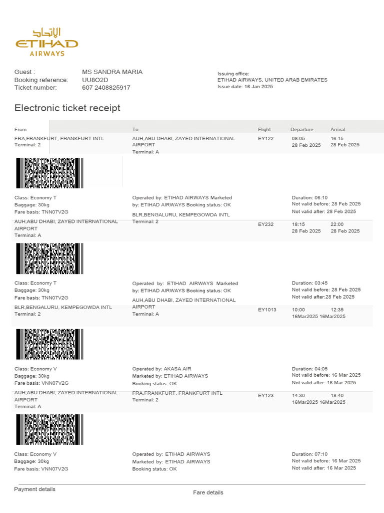 Etihad Airways Flight Booking Details | PDF