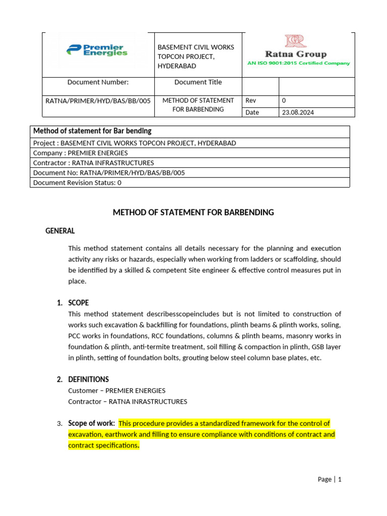 Bar Bending Method Statement Guide | PDF | Personal Protective ...