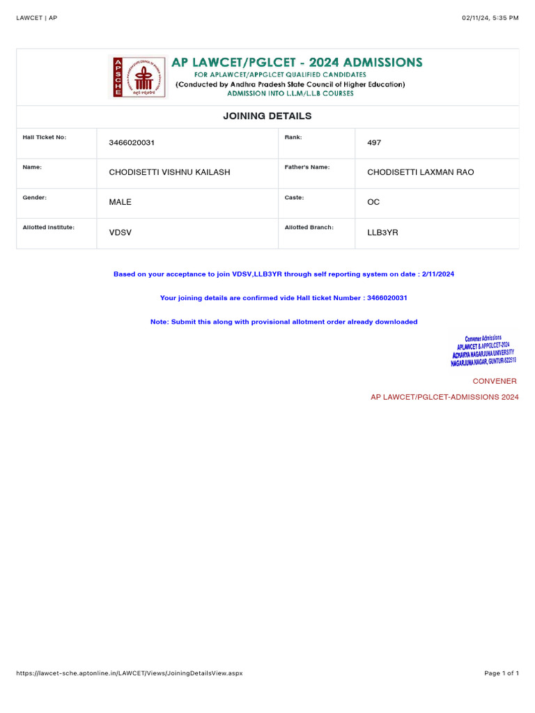 AP LAWCET 2024 Joining Confirmation | PDF