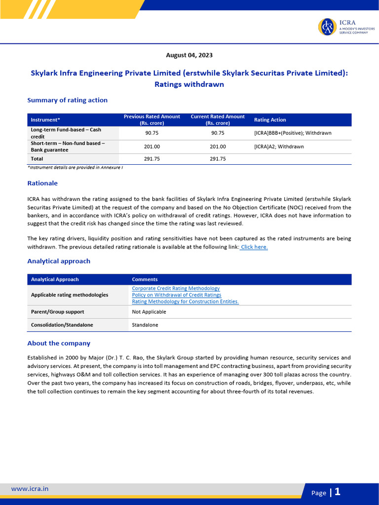 Skylark Infra Engineering Rating Summary | PDF | Credit Rating Agency ...
