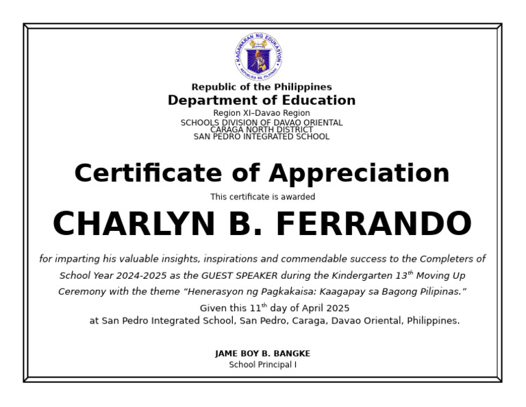 Certificate of Appreciation for Charlyn B. Ferrando | PDF