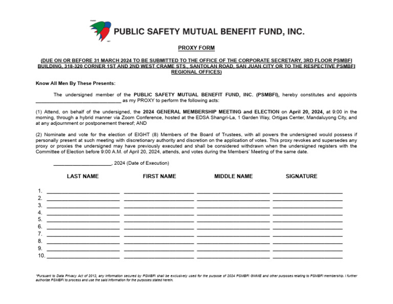 2024 PSMBFI Proxy Form Submission | PDF | Proxy Voting | Accountability