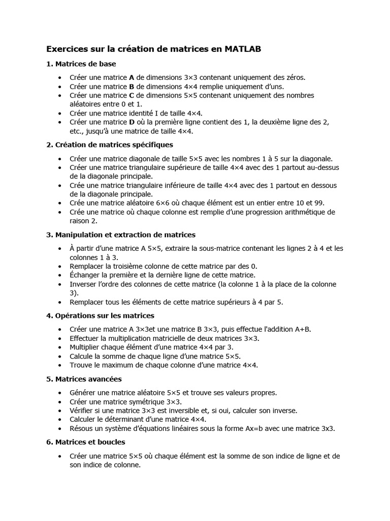 Exercices de création de matrices MATLAB | PDF | Matrice (Mathématiques ...