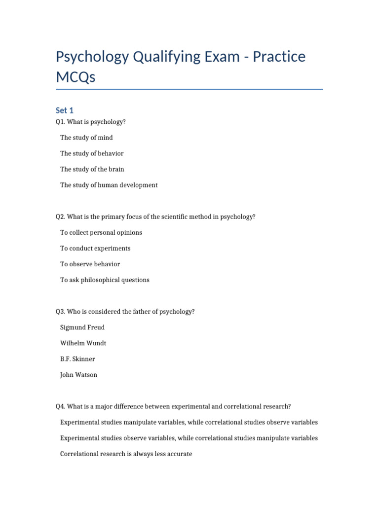 Psychology Exam Practice MCQs Set 1 | PDF | Experiment | Psychology