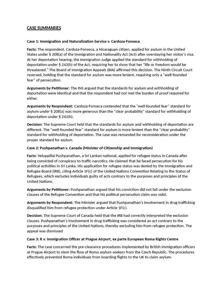 Key Immigration Case Summaries | PDF | Asylum In The United States ...
