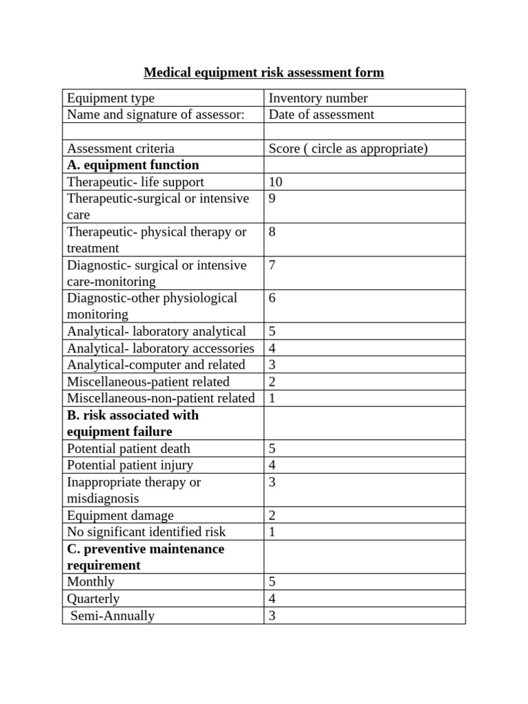 Medical Equipment Risk Assessment Form | PDF