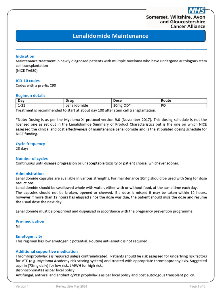Lenalidomide Maintenance Protocol for Myeloma | PDF | Multiple Myeloma ...