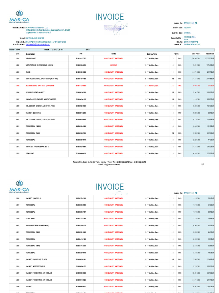 Invoice for Marine Engine Parts | PDF | Engines | Propulsion