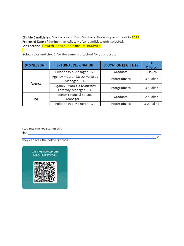 Bajaj Allianz Life Insurance Co LTD Off Campus Drive | PDF