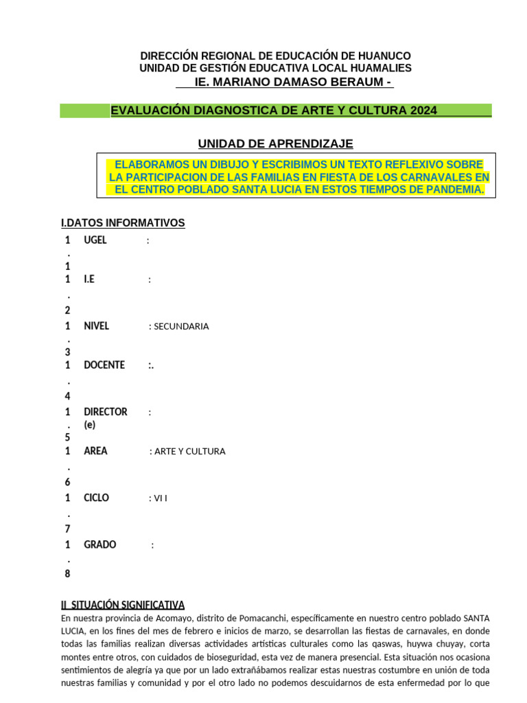 Evaluación Diagnóstica Arte y Cultura 2024 | PDF | Dibujo | Carnaval