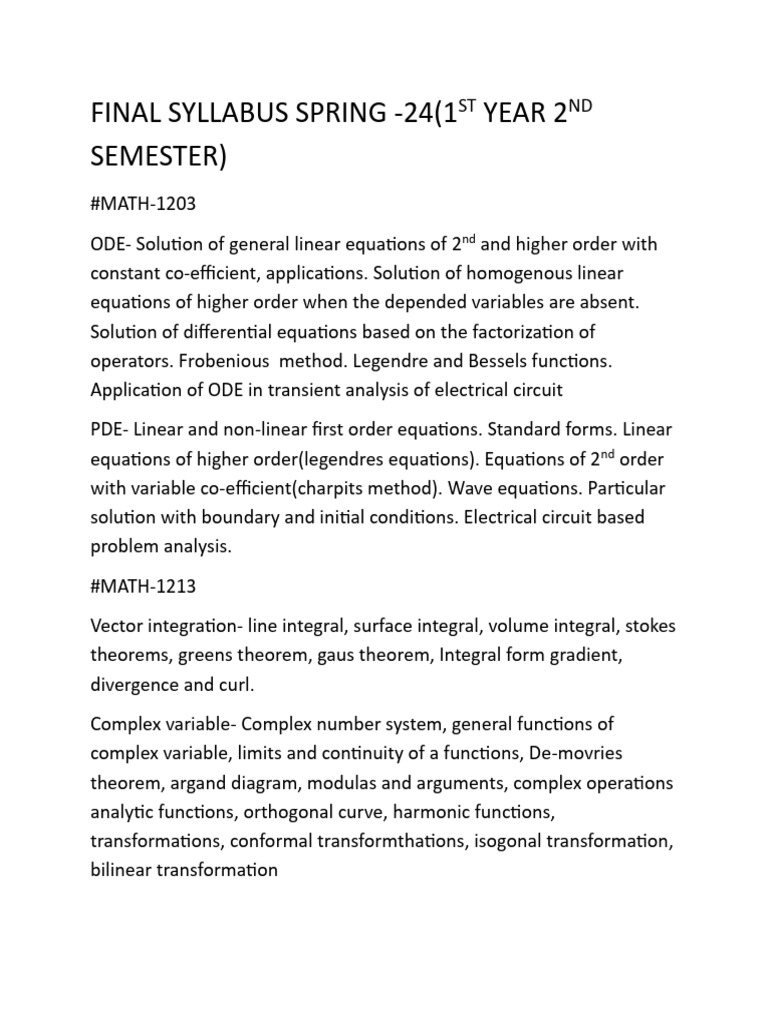 Spring 2024 1st Year Math & EEE Syllabus | PDF | Integral | Ordinary ...