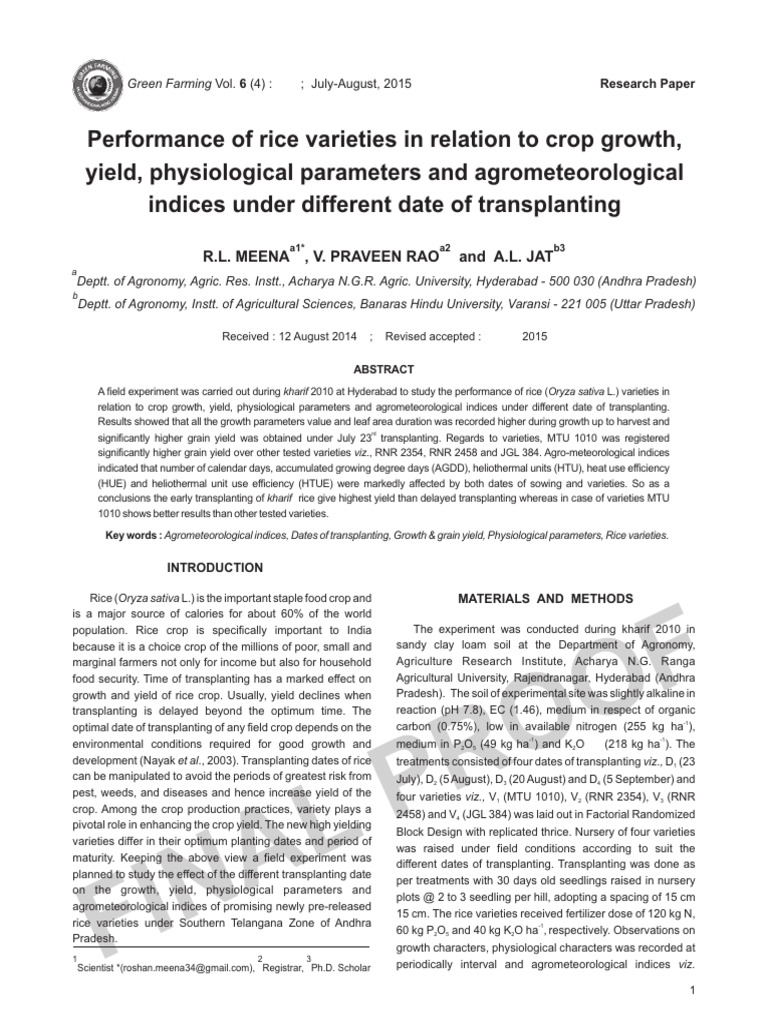Impact of Transplant Dates on Rice Yield | PDF | Rice | Plant Nursery