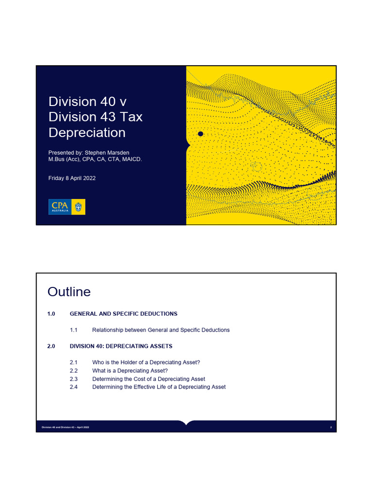 Division 40: Depreciating Assets Overview | PDF | Depreciation | Tax ...