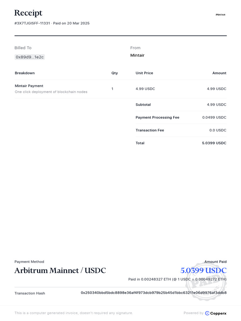 Mintair Blockchain Payment Receipt | PDF